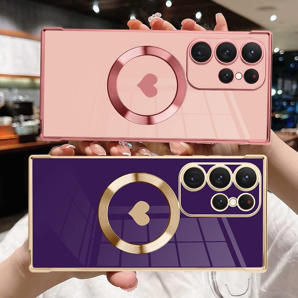 Fiyart Designed for Samsung Galaxy S22 Ultra Case Love Heart Design for Women Girls Soft TPU Plating Full Camera Lens Protection Phone Cover for Galaxy S22 Ultra 6.8"-Pink  Fiyart   