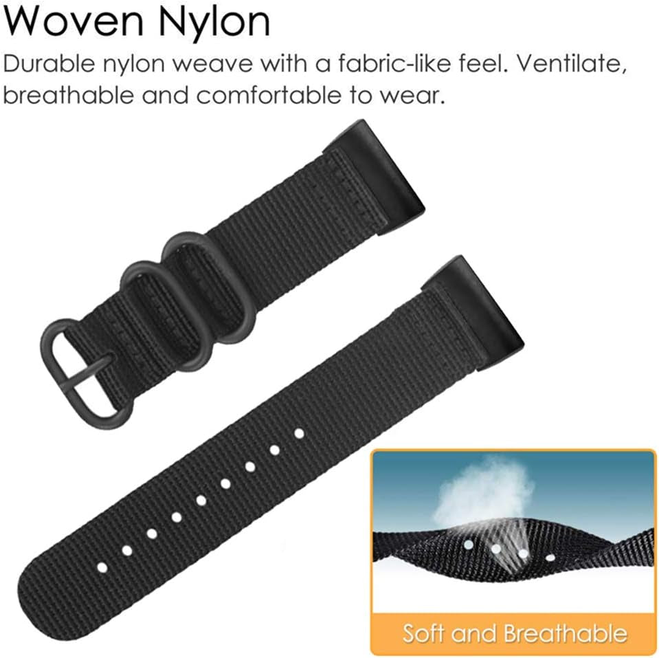 YOOSIDE Nylon Band for Fitbit Charge 3/Charge 4, NOTA Woven Nylon Band with Metal Stainless Steel Ring Wristband Strap for Fitbit Charge 4/4 Se(Black)  YOOSIDE   