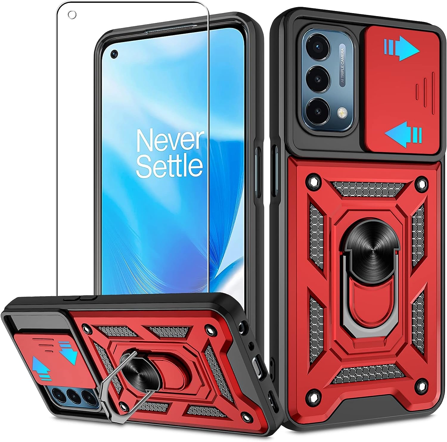 For Oneplus Nord N200 5G Case with HD Screen Protector with Slide Camera Cover, Atump 360° Rotation Ring Kickstand [Military Grade] Shockproof Protective Case for Oneplus Nord N200 5G,Black  Atump Red  