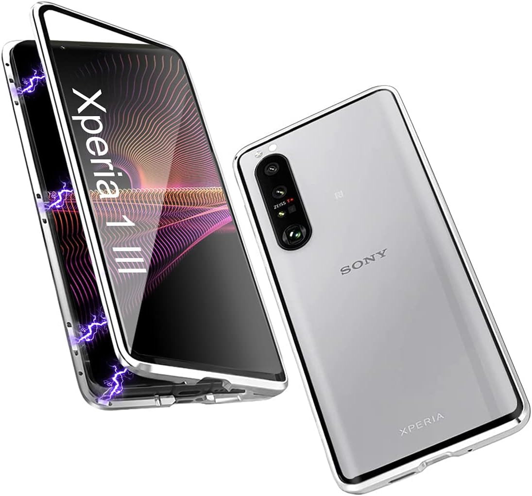 Compatible Sony Xperia 1 III Case Clear,Magnetic Slim Metal Frame Double-Sided Transparent Tempered Glass Case with Screen Lens Protect,Black  QUIETIP Silver 6.5 Inches 