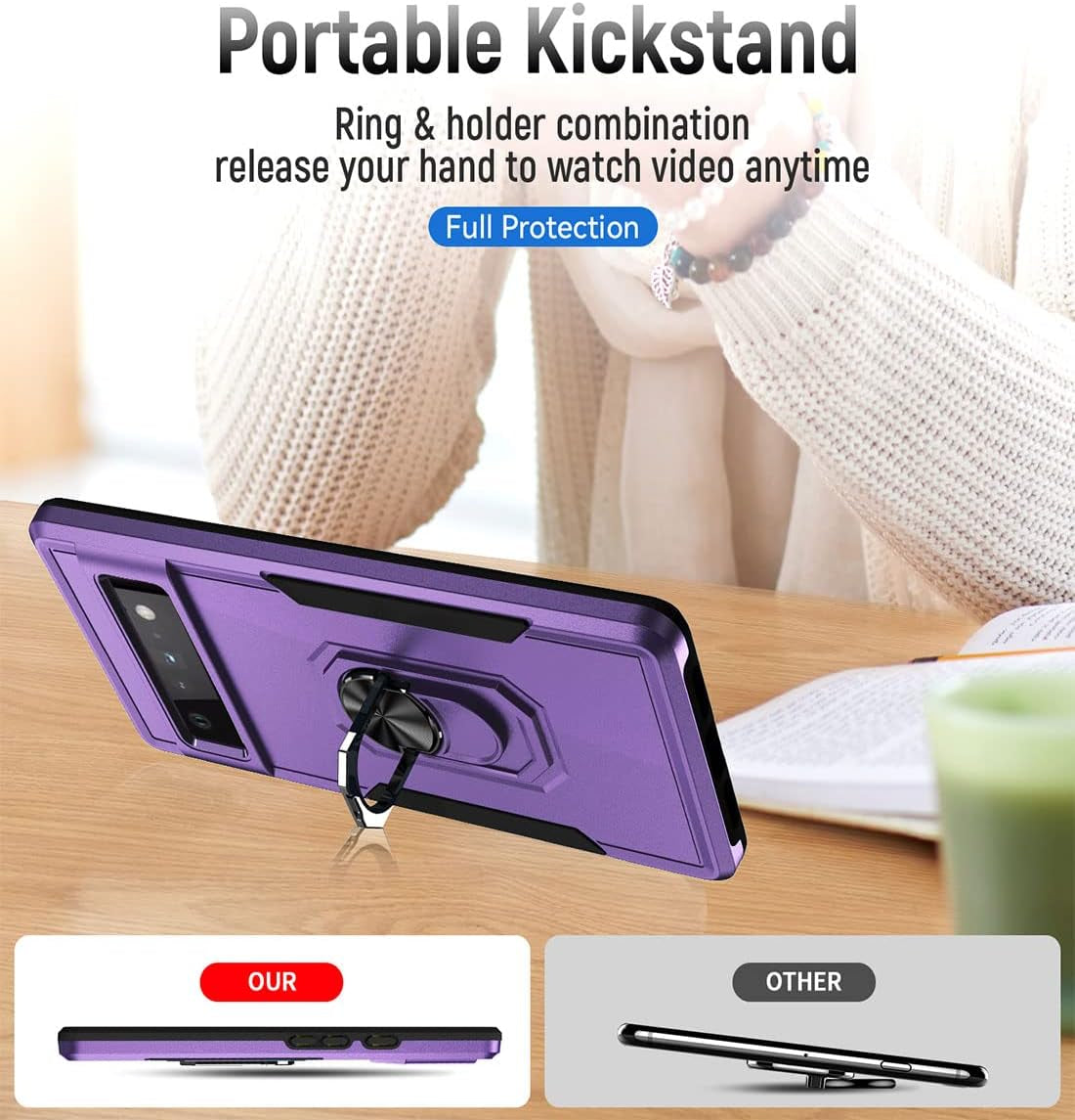 Case for Pixel 6 Pro，Google 6 Pro Case Protector with Car Mount Kickstand Metal Ring - Shock-Absorption Bumper Cover for Google Pixel 6 Pro Case Anti-Scratch (Purple)  Anzruosu   
