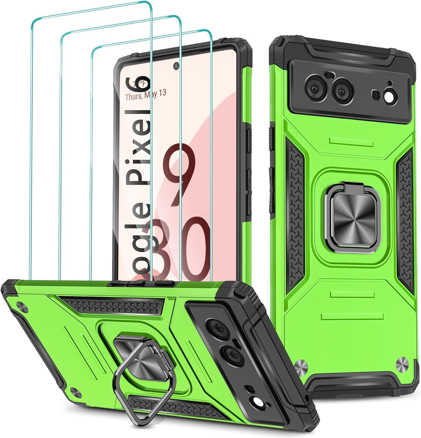 Google Pixel 6 Case, Google Pixel 6 Case with 3 Pcs Tempered Glass Screen Protector, Built in Magnetic Ring Kickstand Military-Grade Hard PC TPU Shockproof Aromr Case for Google Pixel 6 - Rose Gold  GAMEMIUZ Green  
