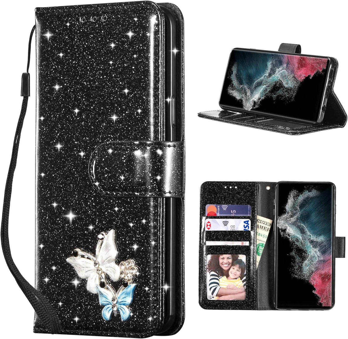 UEEBAI Wallet Case for Samsung Galaxy A53 5G, Premium Glitter PU Leather Phone Case Card Slots Kickstand Case Magnetic Closure Bling Handbag Case Shockproof Hand Strap Flip Cover - Glitter Purple  UEEBAI Black Samsung Galaxy S22 Ultra 5G 