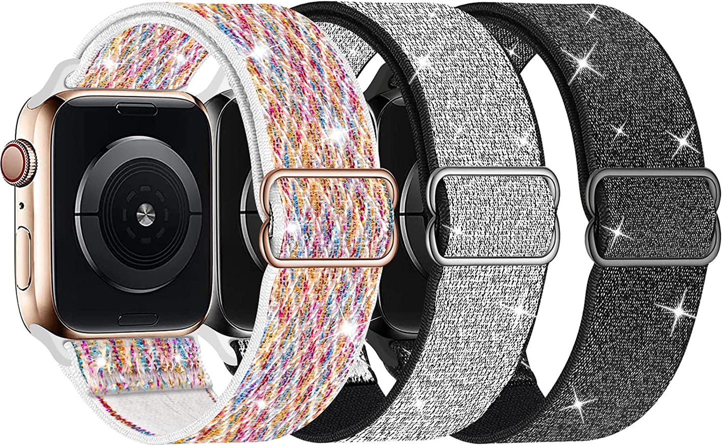 Swhatty Stretchy Nylon Solo Loop Bands Compatible with Apple Watch 41Mm 40Mm 38Mm, Adjustable Braided Sport Elastics Women Men Strap for Iwatch Series 8 7 6 5 4 3 2 1 SE (Black, Rose Pink, Cream)  Swhatty Sparkly Black/Shiny Silver/Colorful 38mm/40mm/41mm 