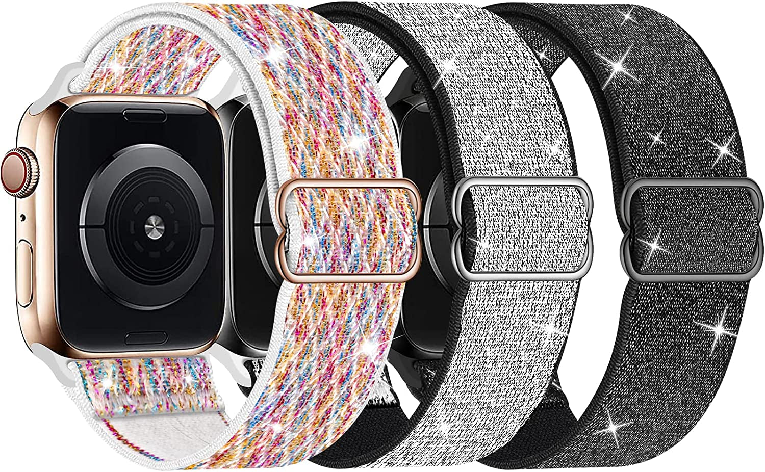 Swhatty Stretchy Nylon Solo Loop Bands Compatible with Apple Watch 41Mm 40Mm 38Mm, Adjustable Braided Sport Elastics Women Men Strap for Iwatch Series 8 7 6 5 4 3 2 1 SE (Black, Rose Pink, Cream)  Swhatty Sparkly Black/Shiny Silver/Colorful 38mm/40mm/41mm 