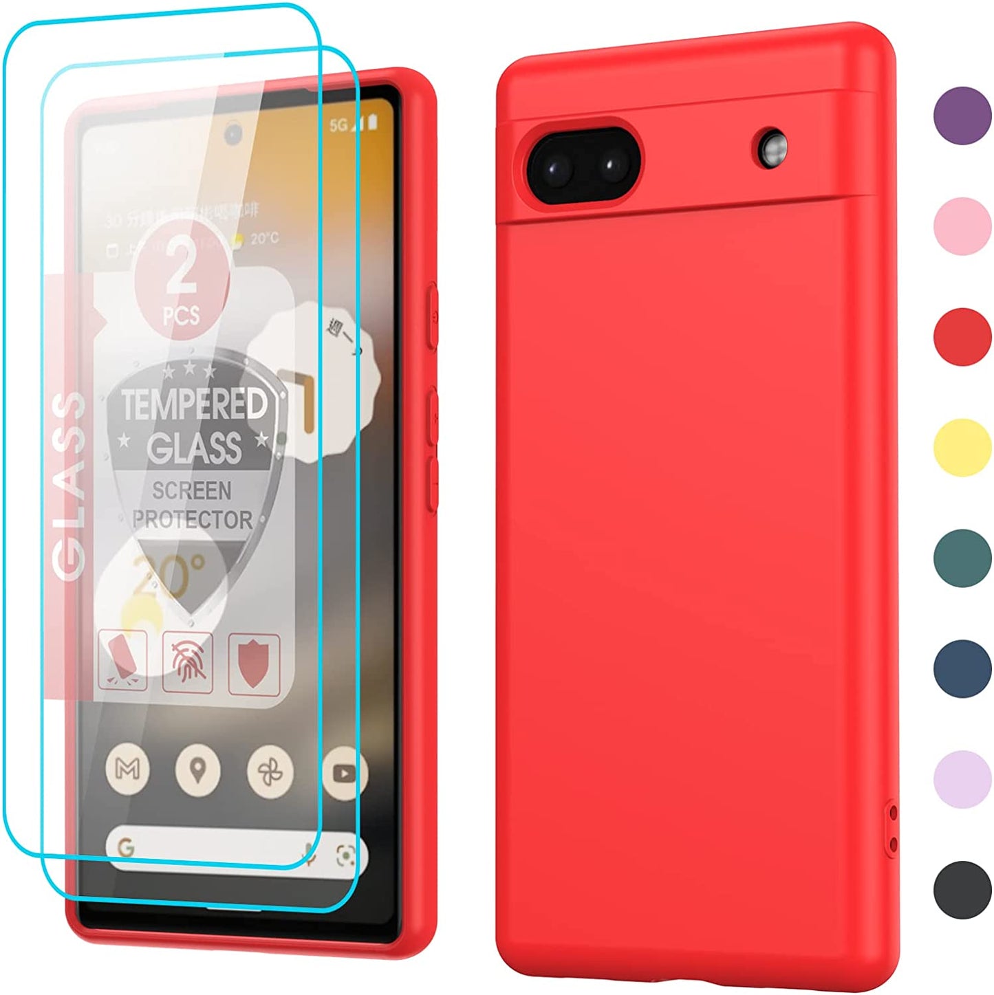 Leyi for Liquid Silicone Google Pixel 6A 5G Case: with 2-Pack Tempered Glass Screen Protectors, Soft Microfiber Liner, Orange  LeYi Red  