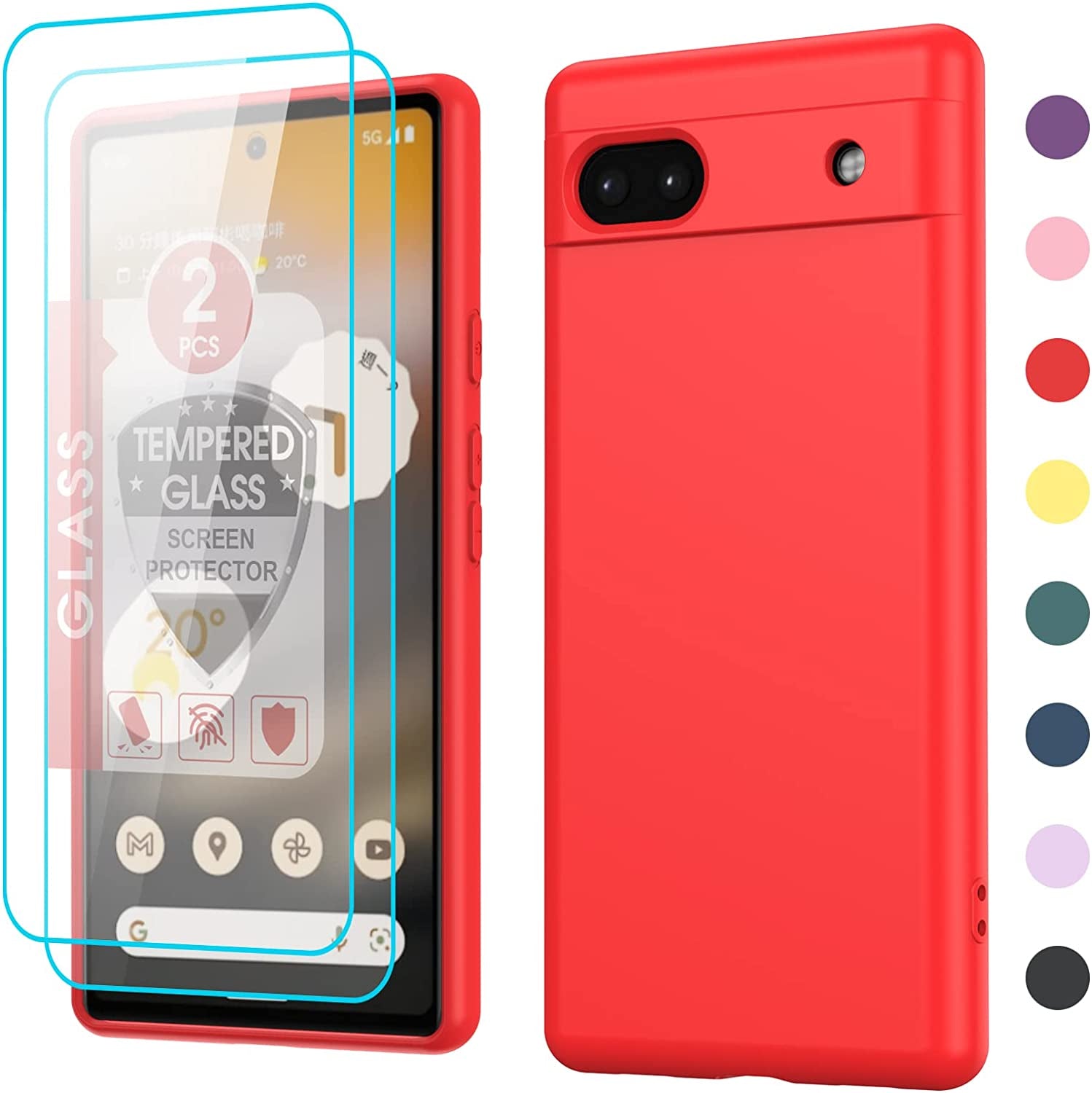 Leyi for Liquid Silicone Google Pixel 6A 5G Case: with 2-Pack Tempered Glass Screen Protectors, Soft Microfiber Liner, Orange  LeYi Red  