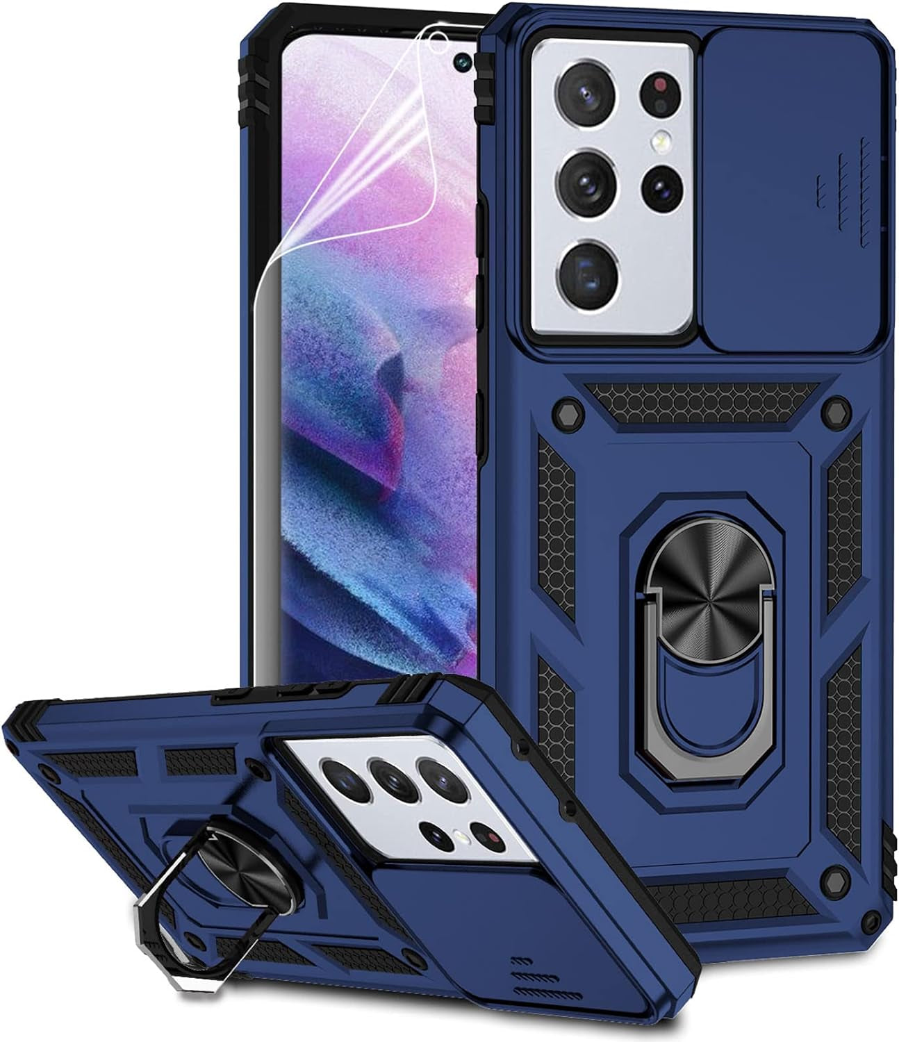 For Samsung Galaxy S21 Ultra Case with Camera Lens Cover HD Screen Protector, Military-Grade Drop Tested Magnetic Ring Holder Kickstand Protective Phone Case for Samsung Galaxy S21 Ultra 5G (Black)  JINZHI Inc Navy Blue With Camera Cover Military-Grade 2Nd Gen  