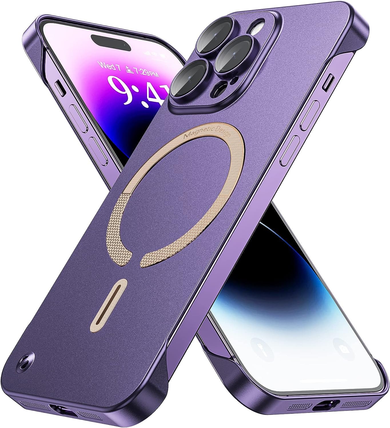 Hoerrye Magnetic Slim Fit Case for Iphone 14 Pro Max Ultra Thin Case with Full Camera Lens Protector [Compatible with Magsafe][No.1 Strong Magnetic] Frameless Phone Protective Cover,Black  Hoerrye Purple  