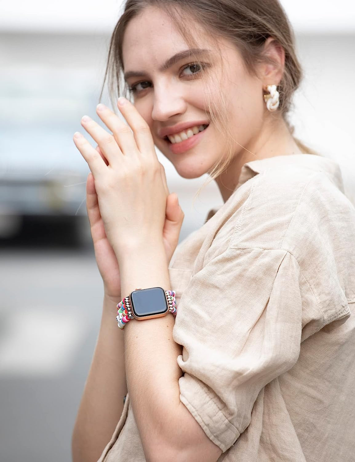 TOYOUTHS Heishi Beads Bracelet Compatible with Apple Watch Band Cute Stretch Girl Women Summer Beach Surfer Stackable Clay Preppy Jewelry Band for Iwatch 42/44/45Mm Series SE 7 6 5 4 3 2 1  TOYOUTHS   