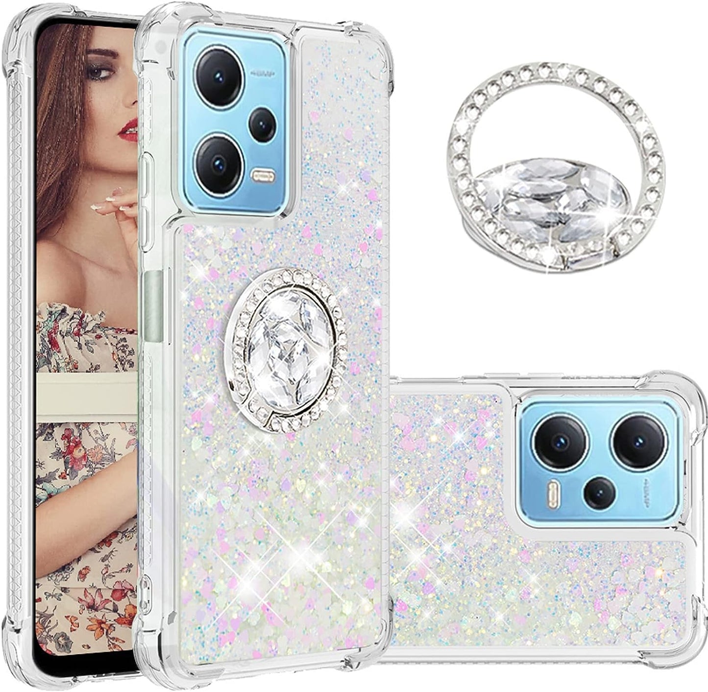 Ccsmall Glitter Clear Sparkly Bling Case for Xiaomi Redmi Note 12 4G, Flowing Liquid Quicksand Cover with Diamond Ring Holder Case for Xiaomi Redmi Note 12 4G LSZ Silver  CCSmall Colorful Redmi Note 12 4G 