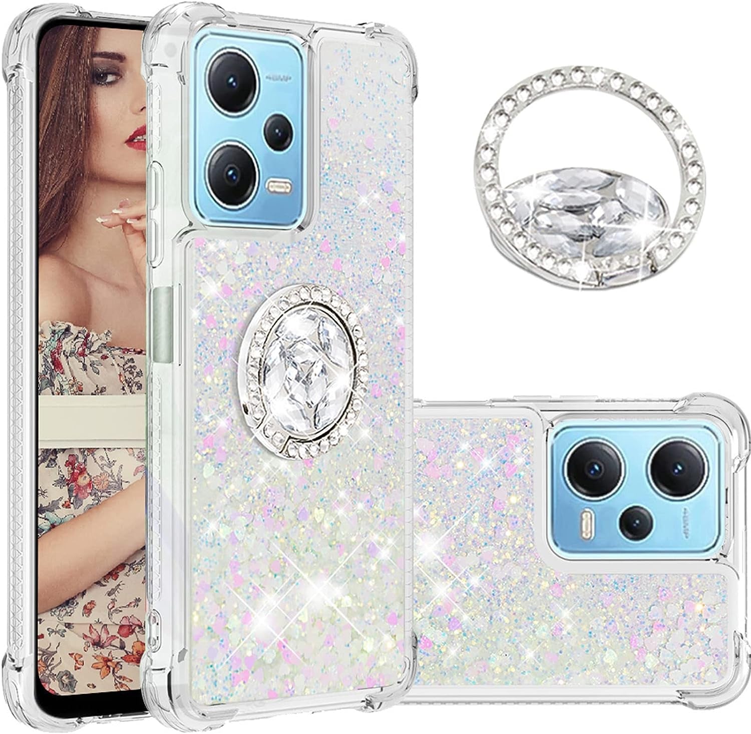 Ccsmall Glitter Clear Sparkly Bling Case for Xiaomi Redmi Note 12 4G, Flowing Liquid Quicksand Cover with Diamond Ring Holder Case for Xiaomi Redmi Note 12 4G LSZ Silver  CCSmall Colorful Redmi Note 12 4G 