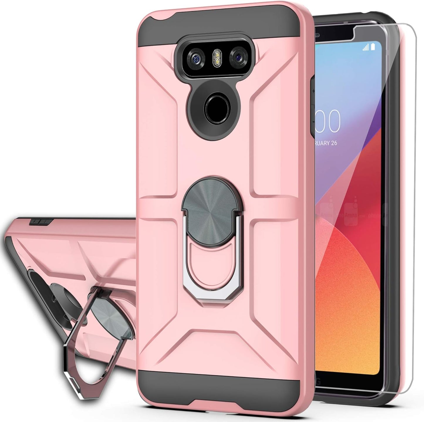 Ymhxcy Compatible for LG G6/G6 plus Case with HD Screen Protector，360 Degree Rotating Ring Kickstand Holder Dual Layers of Shockproof Phone Case for LG G6-ZS Mint  YmhxcY Zs-Rose Gold  