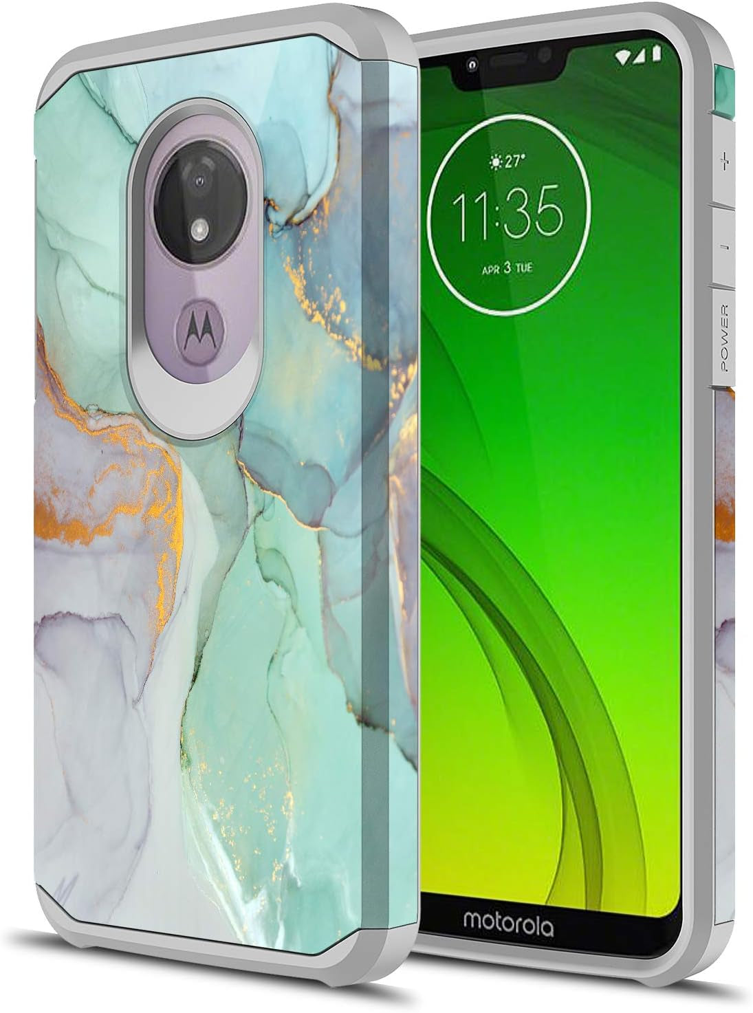 Sofer for Moto G7 Power Case, Moto G7 Supra Case, Hybrid Drop Protection Sleek Slim Dual Layer Shockproof Colorful Graphic Armor Case for LG Moto G7 Power/Supra (Galaxy Mandala)  Sofer Green Marble  