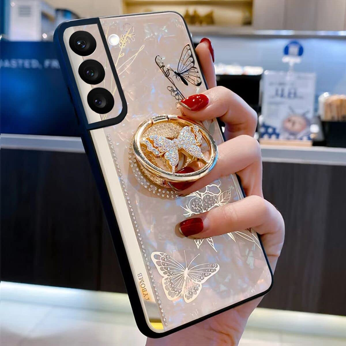 Topwin Kickstand Case, Cute Marble Conch Shell Floral Butterfly with Ring Stand Elegant Shockproof Protective Cover for Girls Women for Samsung Galaxy S22 plus (Rose Gold)  Topwin   