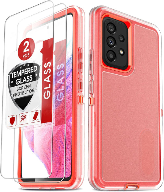 Leyi Galaxy A53 5G Case, A53 5G Case with [2 Pack] Tempered Glass Screen Protectors, 3 in 1 Full Body Shockproof Rubber Dustproof Rugged Defender Protection Case for Samsung A53, Clear/Orange  LeYi   