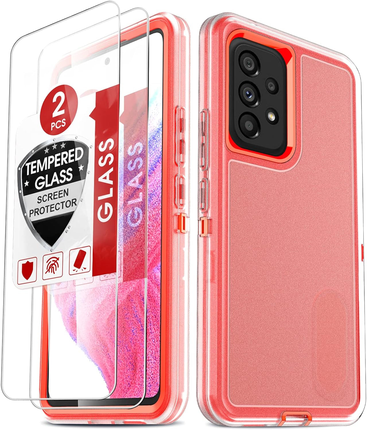 Leyi for Galaxy A53 5G Case: 3-In-1 Rugged Defender Protection with 2 Tempered Glass Screen Protectors, Shockproof & Dustproof - Black  LeYi Clear/Orange  