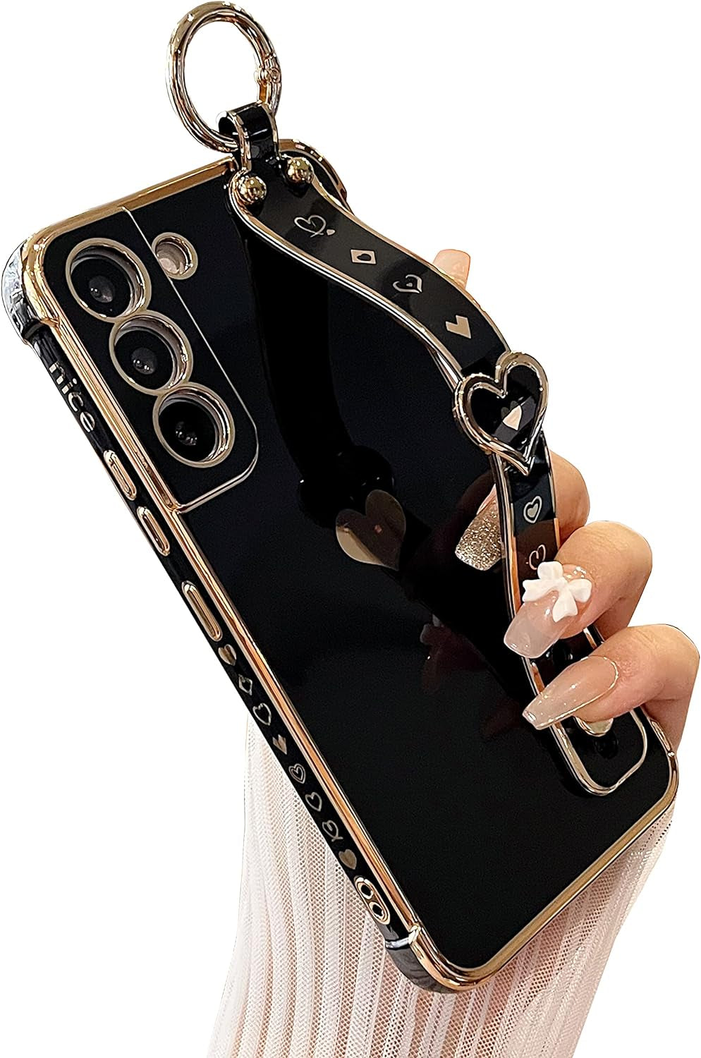 DEFBSC Compatible with Samsung Galaxy S22 plus Case, Electroplated Edge Love Heart Case with Wrist Strap, Full Camera Protection Raised Reinforced Corners Shockproof Soft TPU Cover, White  DEFBSC Black (Kickstand) Samsung Galaxy S22 Plus 