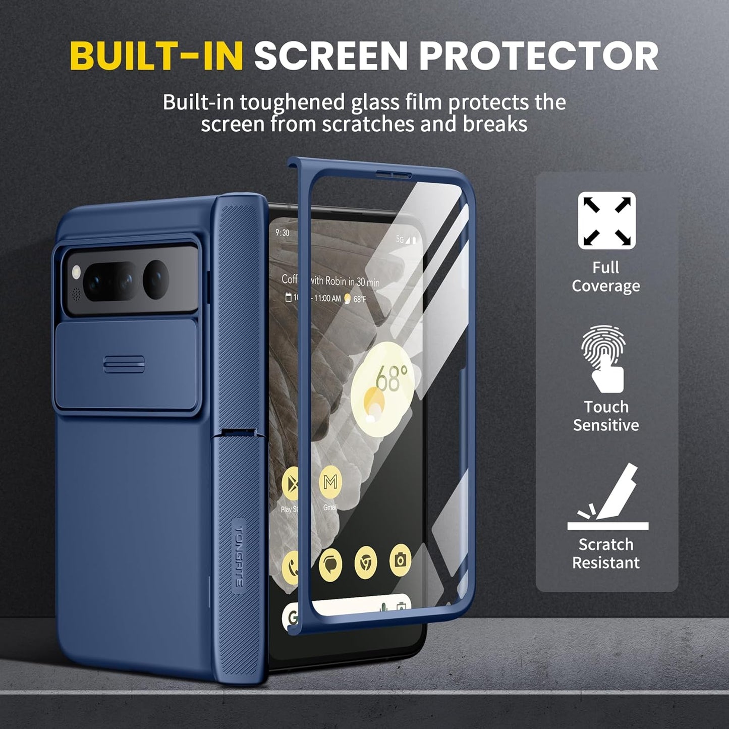 Tongate for Pixel Fold Case, [Built-In Slide Camera Cover & Screen Protector] [Hinge Protection] Military Grade Matte Phone Case with Hidden Kickstand for Google Pixel Fold 5G (2023), Blue  Tongate   