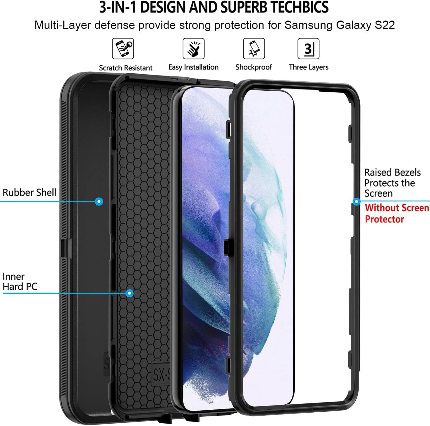 ONOLA Compatible with Galaxy S22 Case 5G,Samsung S22 Case 5G Samsung Galaxy S22 Case 5G Drop Protection Full Body Rugged 3 in 1 Cover Samsung Galaxy S22 Phone Case (6.1") (S22 5G, Black)  ONOLA   
