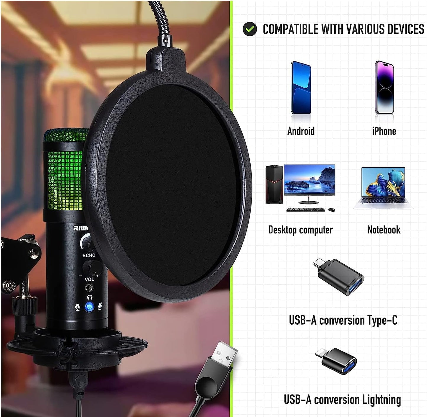 Riworal USB Microphone Gaming Microphone with Adjustable Boom Arm RGB Condenser Mic Kit Plug & Play Studio Recording Microphone for Smartphone Laptop Ps4 Ps5  Riworal   