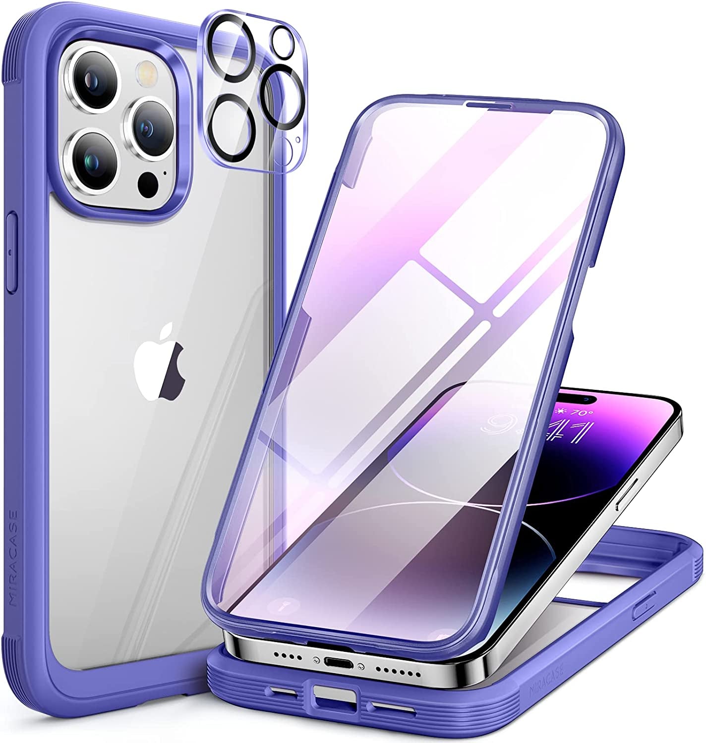 Miracase Glass Series Compatible with Iphone 14 Pro Case 6.1 Inch, 2023 Full-Body Clear Bumper Case with Built-In 9H Tempered Glass Screen Protector, with Camera Lens Protector, Black  Miracase Light Purple  