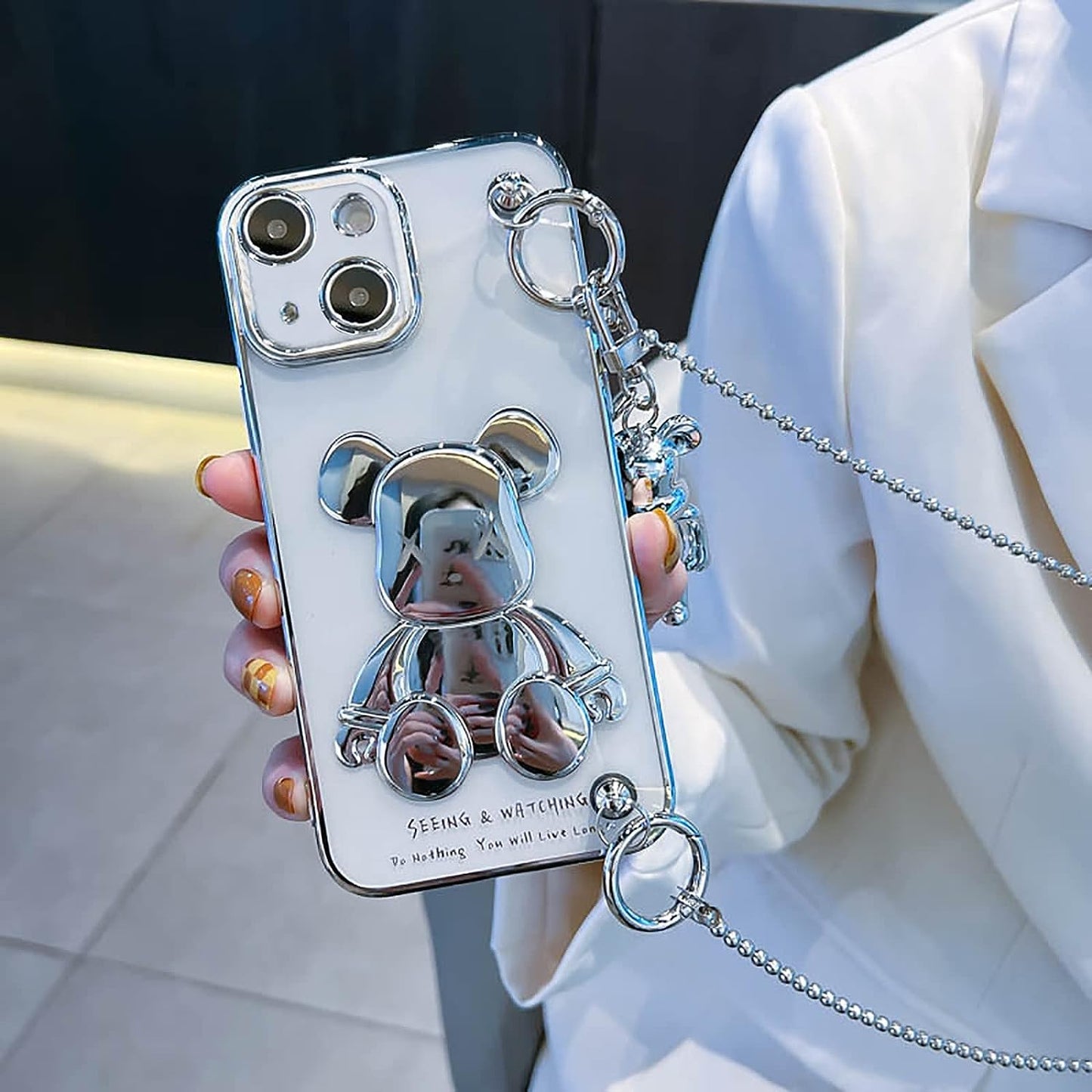 Aartvark Tees Cute Case for Iphone 13, Cartoon Silver Teddy Bear Sparkle Bling Cover with Metal Chain Strap Bell Pendant, Fashion Soft TPU Shockproof, Phone Case Suitable for Women & Girls  aartvark tees   