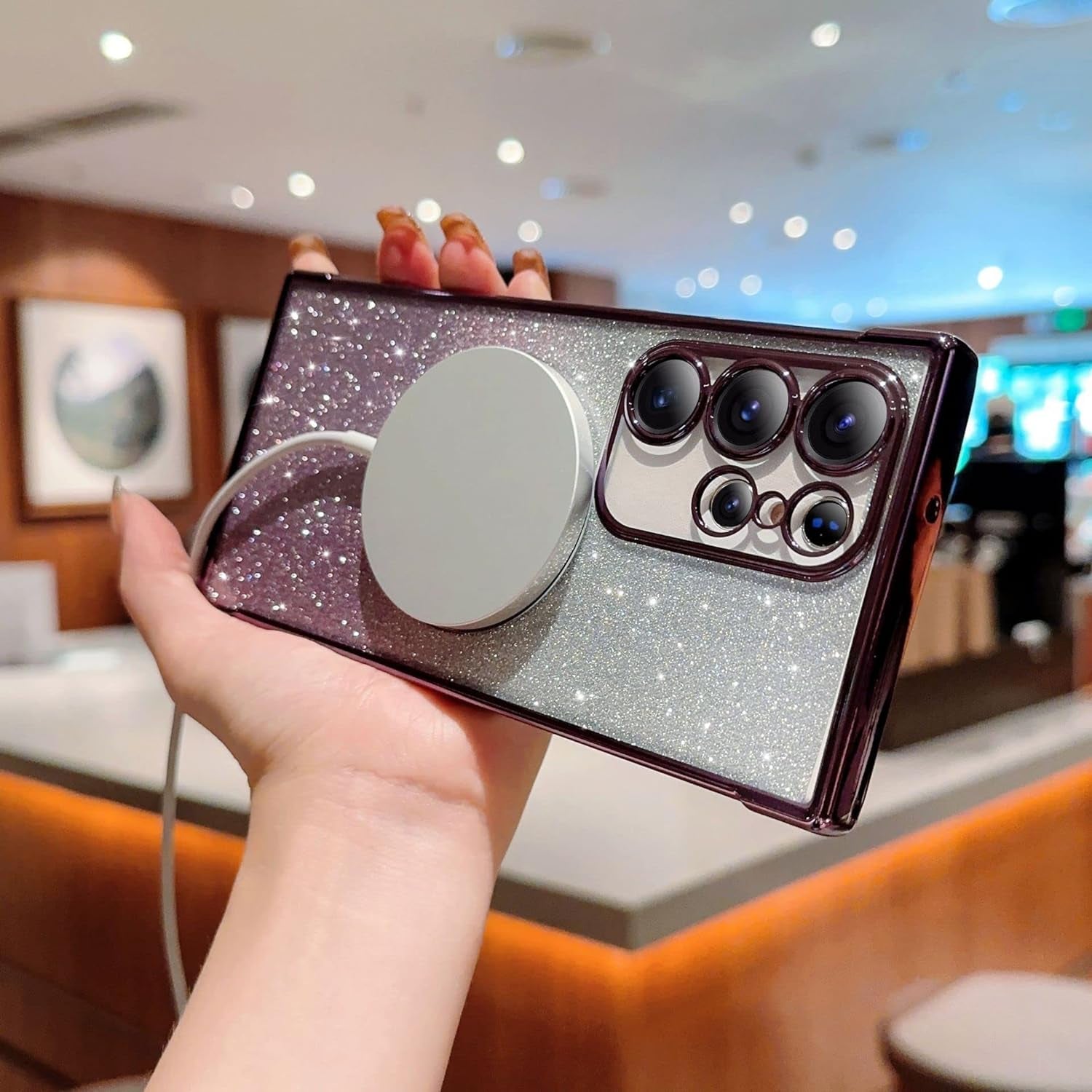 Eiyikof for Samsung Galaxy S22 Ultra Magnetic Glitter Case,Luxury Full Protection Glitter Bling Case with Camera Lens Protector Anti-Scratch Shockproof Soft Back Cover for Girls Women-Purple  Eiyikof   