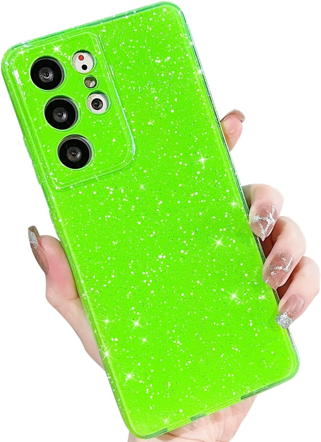 MINSCOSE Compatible with for Samsung Galaxy S21 Ultra Case,Cute Neon Bright Color,Glitter Bling Thin Slim Shockproof Silicone Sparkly Case, Soft TPU Phone Case for Women Girl-Hot Pink  MINSCOSE Neon Green S21 Ultra 