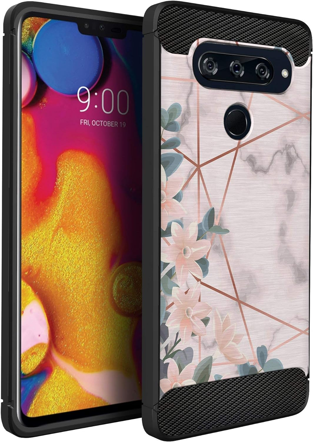 Casesondeck Case Compatible with LG V40 Thinq - Soft Fitted Flexible TPU Cover Shock Protection (Blue Future Skull)  CasesonDeck Pink Flower Marbles  