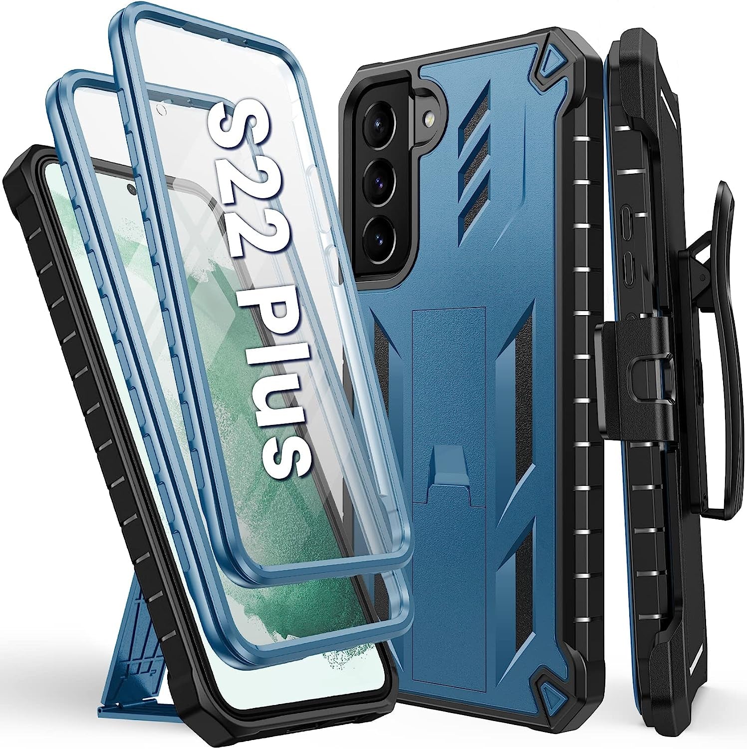 FNTCASE for Samsung Galaxy S22 plus Case: Shockproof Durable S22+ Cell Phone Cover with Built-In Kickstand | TPU Bumper Textured | Full-Body Protective Rugged Belt-Clip Holster Designed Black  DAMAI Blue  