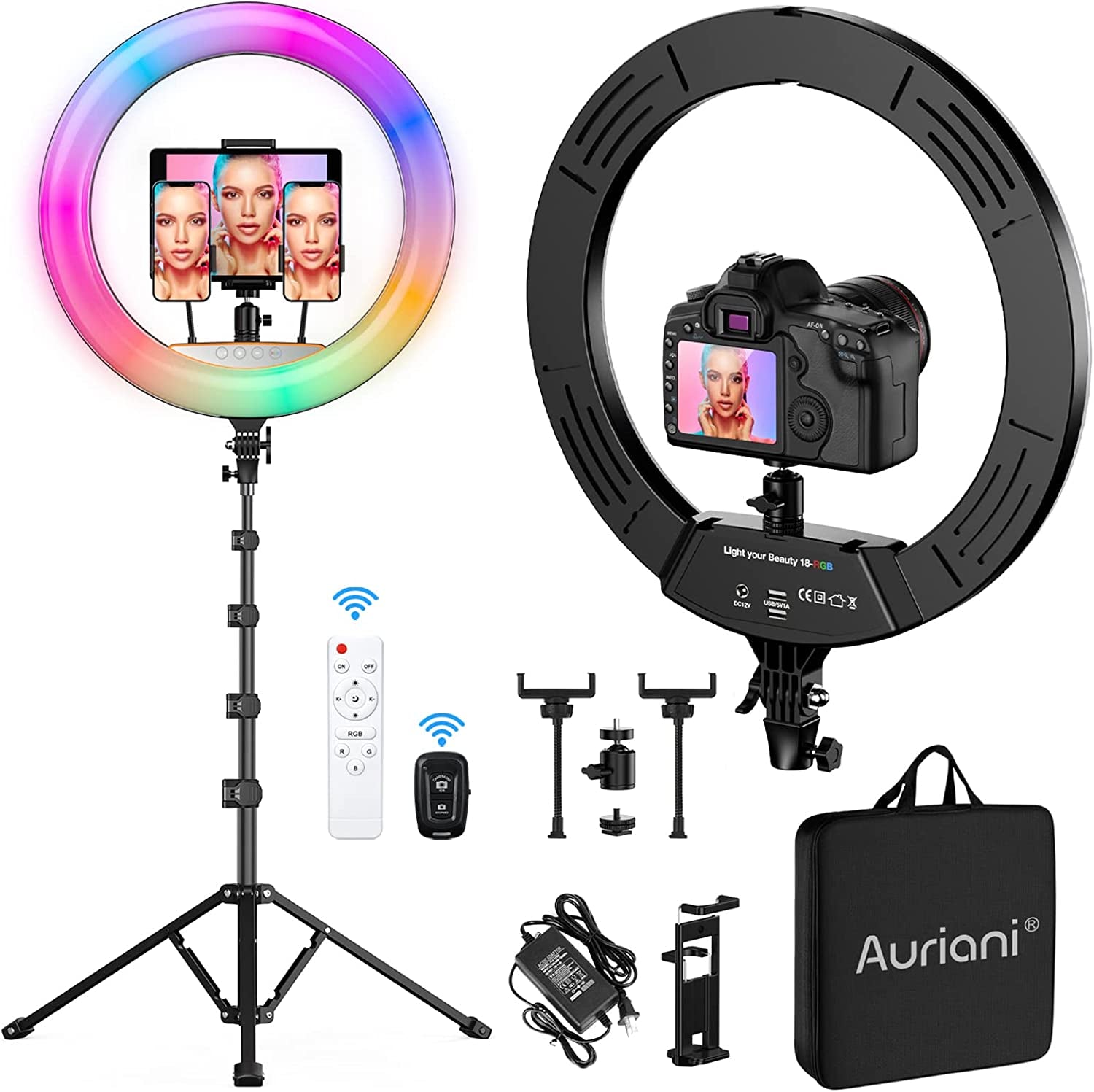 RGB Ring Light 18 Inch with Tripod Stand (2700-7000K) for Phone Camera Ipad Selfie Live Stream Youtube Tiktok Video Shooting Best Lighting Atmosphere Ringlight (18 Inch)  Auriani   