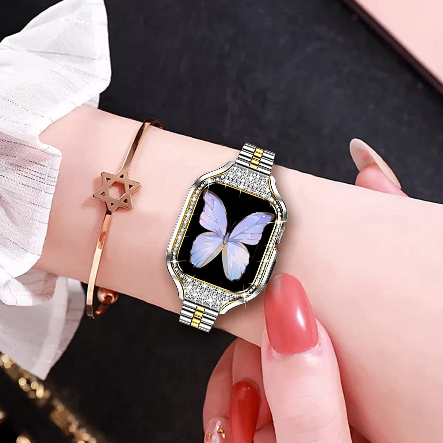 Miohhr Metal Case with Band Compatible with Apple Watch Band Series 8 7(41Mm),Series 6/5/4 (40Mm),Series 3/2/1 (38Mm),Slim Stainless Steel Strap with Bling Diamond Protective Bumper Cover for Iwatch Bands Women  MioHHR   