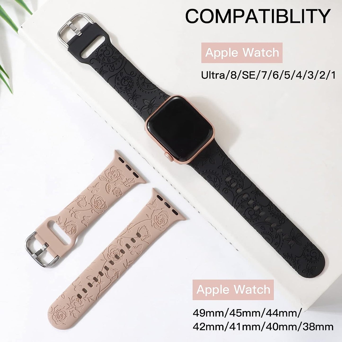 Flower Engraved Bands Compatible with Apple Watch Band 41Mm 40Mm 38Mm 44Mm 42Mm 45Mm 49Mm, Cute Women Floral Soft Silicone Sport Replacement Strap for Iwatch Series Ultra SE 8 7 6 5 4 3 2 1  TERKOWQI   