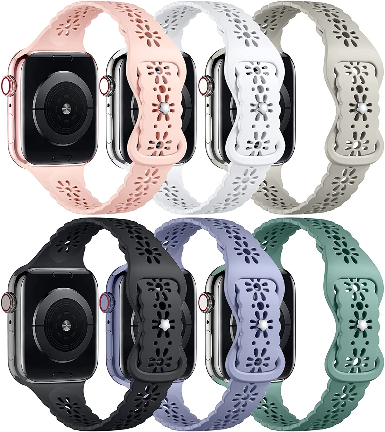 Keponew Lace Slim Bands Compatible with Apple Watch 38Mm 40Mm 41Mm 42Mm 44Mm 45Mm 49Mm, Strap Compatible with Apple Watch Ultra, Hollow-Out Soft Bands for Iwatch Series 8 7 6 5 4 3 2 1 SE, 6 Packs  Keponew Black/Grey/Lavender Grey/Pine Green/Pink Sand/White 38mm/40mm/41mm 