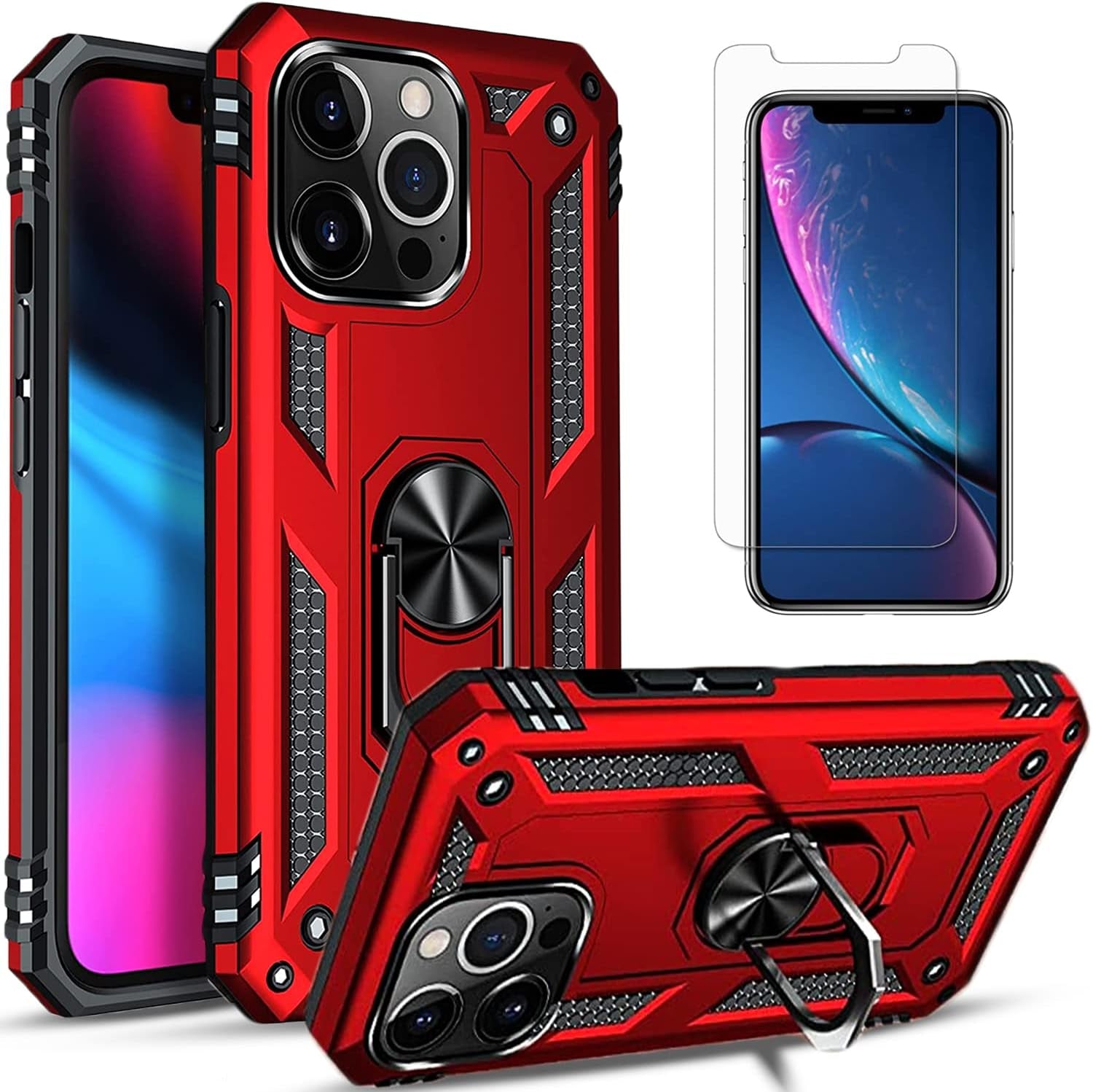 Iphone 12 Pro Max Phone Case, with [Tempered Glass Screen Protector Included] STARSHOP Military Grade Dual Layers Shockproof Drop Protective with Built-In 360° Rotate Metal Ring Kickstand - Black  STARSHOP Scarlet Iphone 12 Pro Max 