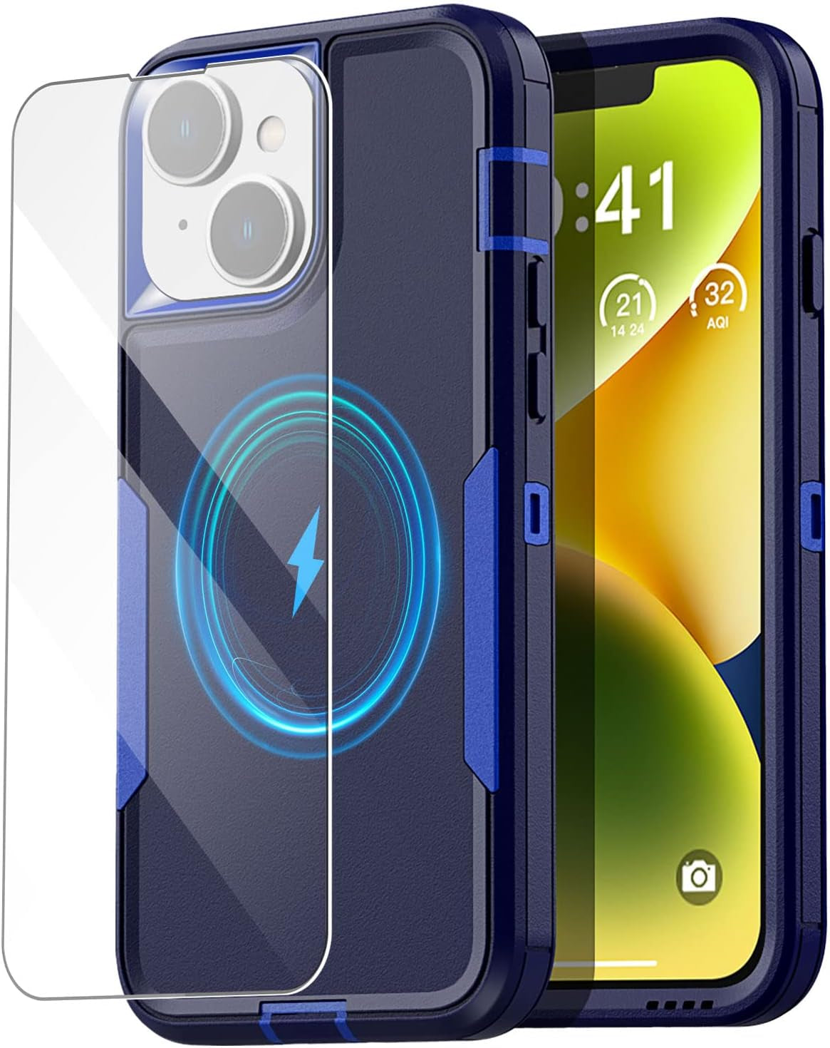 Aicase Magnetic Case for Iphone 14 Plus,Support Magnetic Car Mount Heavy Duty 2-Layer Pocket-Friendly Durable Military Grade Protection Shockproof/Dropproof Protective Cover for Iphone 14 plus 6.7"_1  AICase Navy Blue With Glass Protector_Magsafe Function  