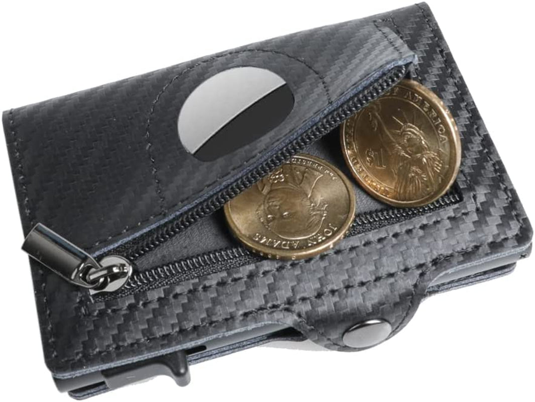 Airtag Wallet Genuine Premium Leather Credit Card Money Holder Airtag Cover Air Tag Case Automatic Pop up Wallet Aluminum Slim Pocket Bifold (Carbon Fiber)  Generic   
