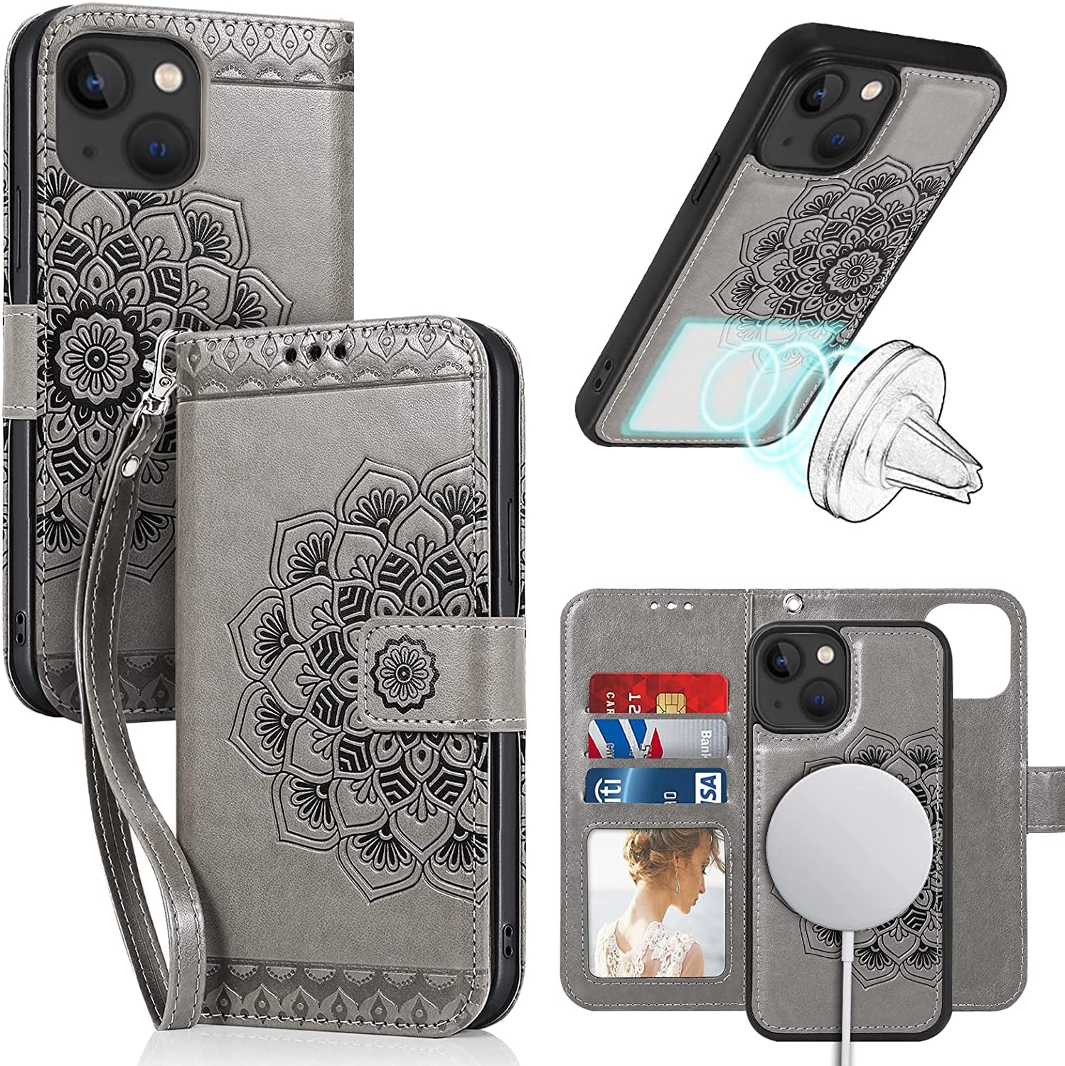 CASEOWL Compatible for Iphone 14 plus Wallet Case [Support Magsafe Charger] 2 in 1 Magnetic Detachable [RFID Blocking] Mandala Embossed Flip Leather Wallet Case with Card Holder,Strap for Women-Gray  CASEOWL   