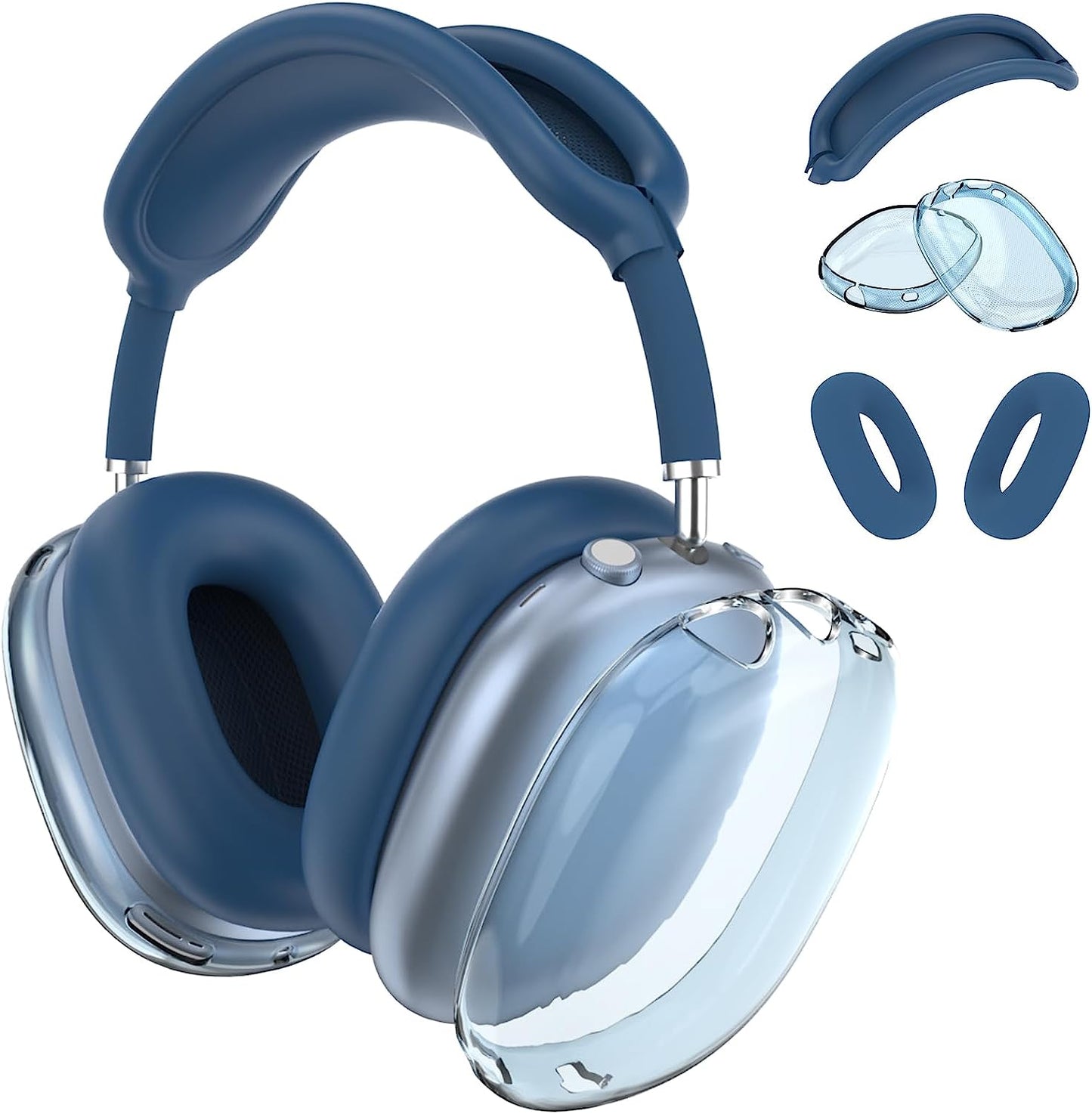 JDHDL [3 in 1] for Airpods Max Case Cover, Clear Soft TPU Earcup Case Cover+Slicone Earpad Cover+Silicone Overhead Cover, Transparent Protective Case for Apple Airpods Max Accessories(Black)  JDHDL Blue+Clear Blue  
