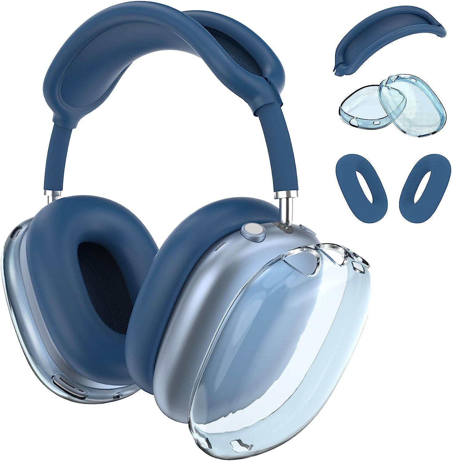 JDHDL [3 in 1] for Airpods Max Case Cover, Clear Soft TPU Earcup Case Cover+Slicone Earpad Cover+Silicone Overhead Cover, Transparent Protective Case for Apple Airpods Max Accessories(Black)  JDHDL Blue+Clear Blue  