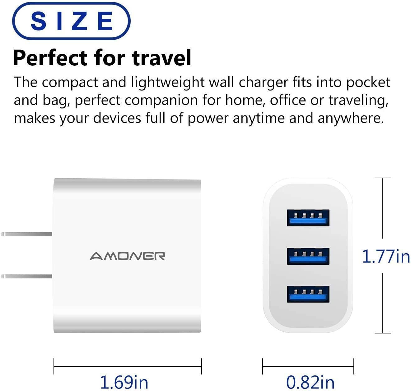 USB Wall Charger, Amoner 2Pack 15W 3-Port USB Plug Cube USB Cube Power Adapter for Iphone 14/13/12/11/Pro/Promax/Xs/Xr/X/8, Galaxy S22 S21 and More and More  Amoner   