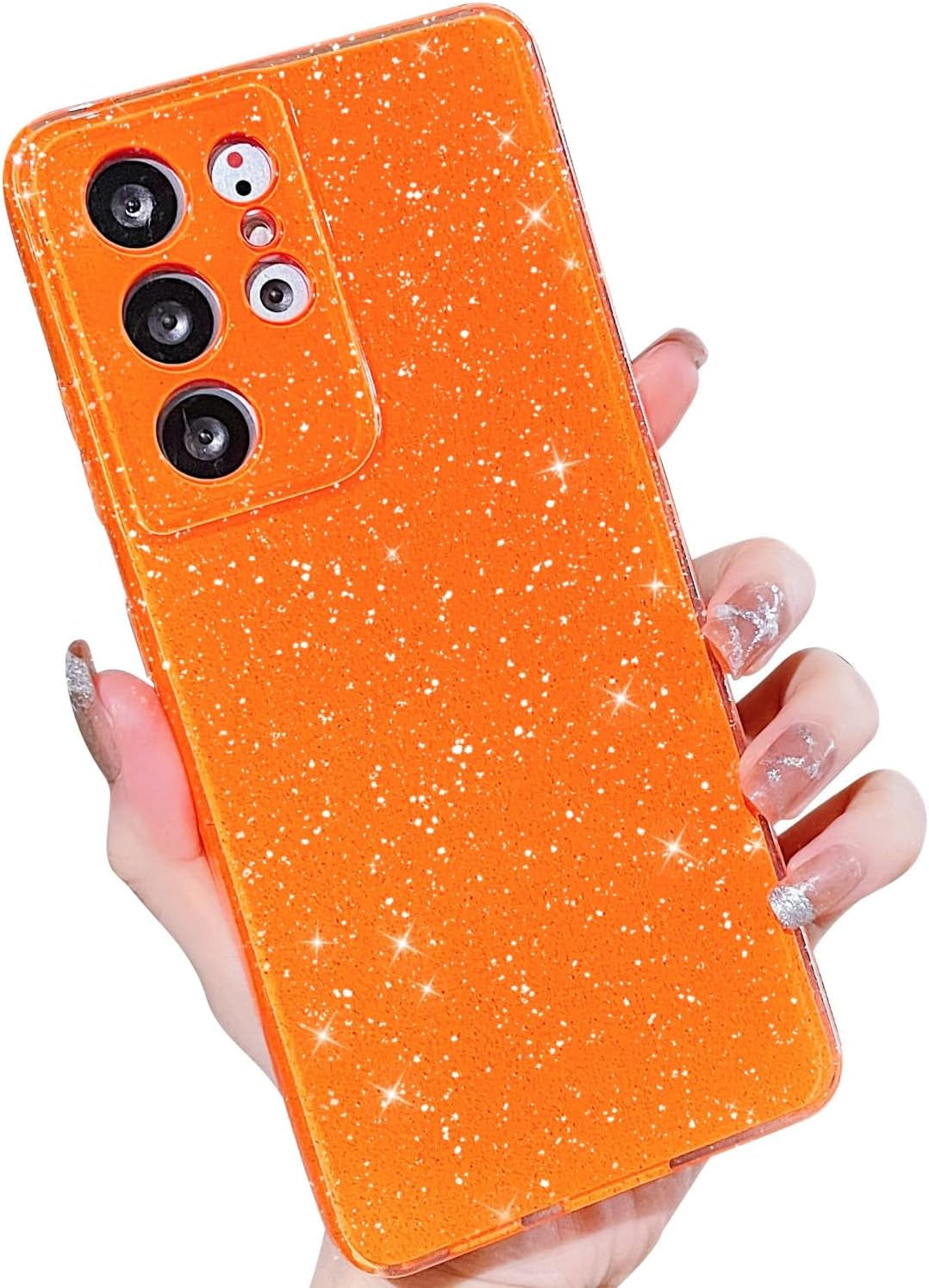 MINSCOSE Compatible with for Samsung Galaxy S21 Ultra Case,Cute Neon Bright Color,Glitter Bling Thin Slim Shockproof Silicone Sparkly Case, Soft TPU Phone Case for Women Girl-Hot Pink  MINSCOSE Orange S21 Ultra 