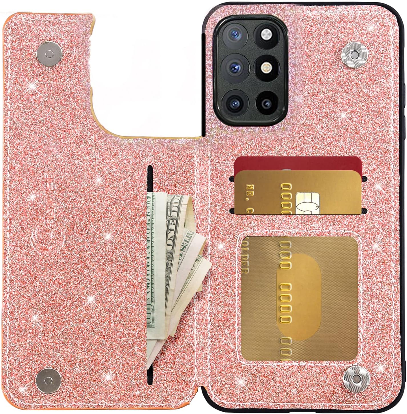 Asuwish Phone Case for Oneplus 8T Oneplus8T plus 9R 5G Wallet Cover with Screen Protector and Card Holder Bling Glitter Cell One Plus8T5G on + 1 plus 8Tplus 1Plus 8T+ One+ T8 1+ 1+8T Pro G5 Rose Gold  Asuwish   