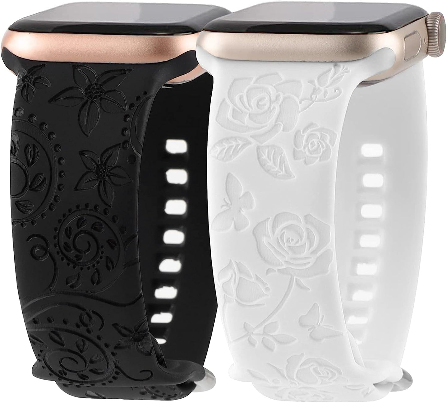 Flower Engraved Bands Compatible with Apple Watch Band 41Mm 40Mm 38Mm 44Mm 42Mm 45Mm 49Mm, Cute Women Floral Soft Silicone Sport Replacement Strap for Iwatch Series Ultra SE 8 7 6 5 4 3 2 1  TERKOWQI Black White 42mm/44mm/45mm/49mm 