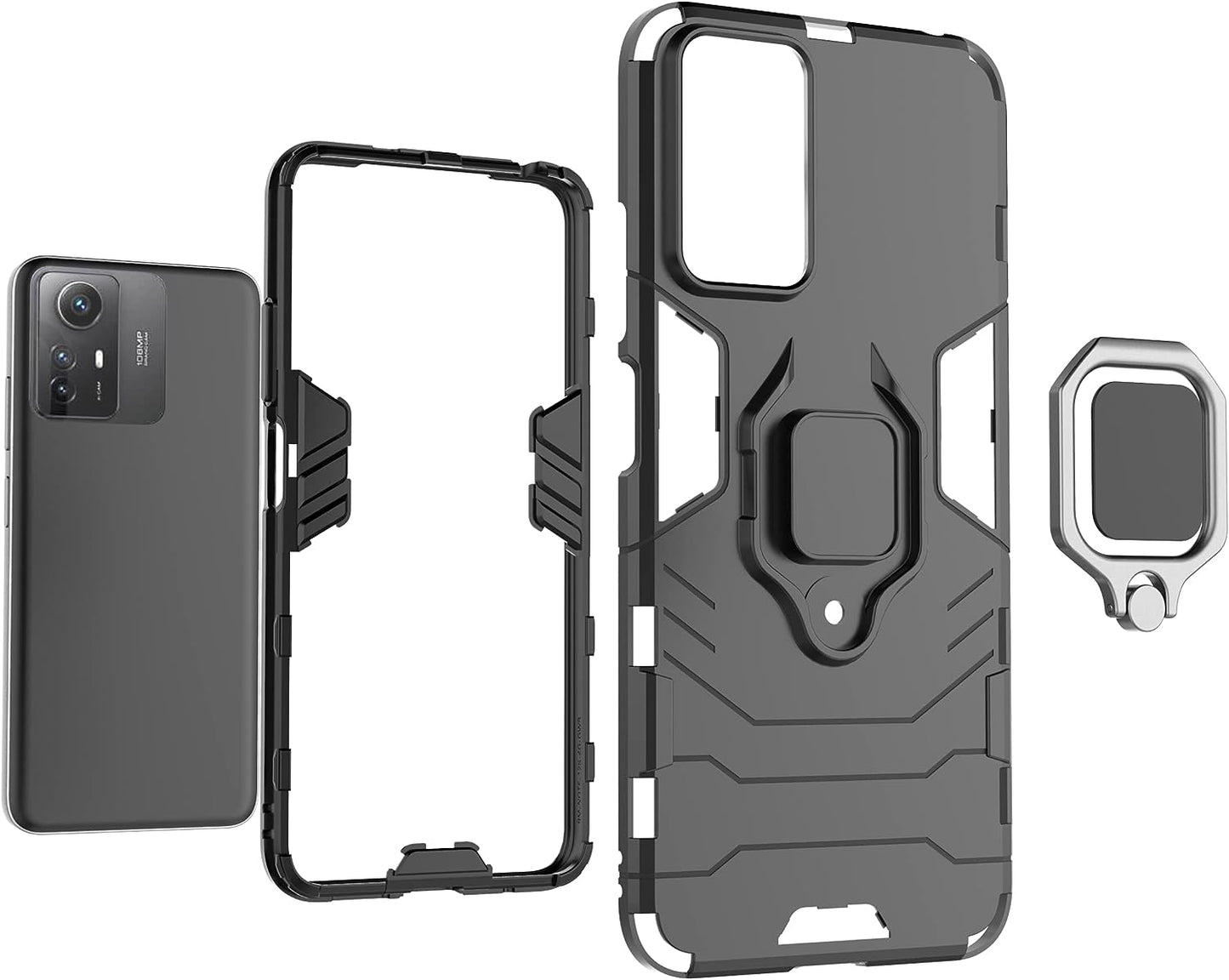 ZMONE Phone Case for Xiaomi Redmi Note 12S Case with Glass Screen Protector [2 Pack] Heavy Duty Dual Layer Military Grade Shockproof Protective Cover with Magnetic Ring Kickstand - Black  Chengmi   