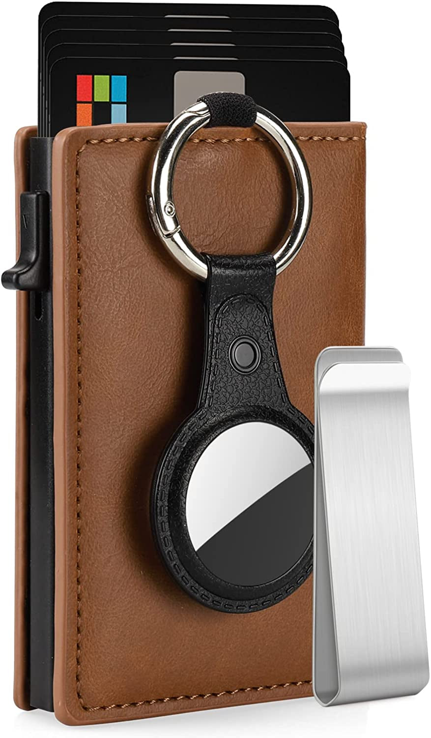 Mens Airtag Wallet with Money Clip,Leather Credit Card Holder with Detachable Airtag Holder Rfid Minimalist Wallet Pop up Wallet with Gift Box（Brown)  Blsoatee   