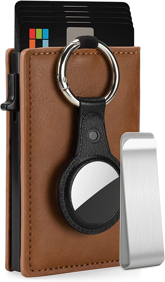 Mens Airtag Wallet with Money Clip,Leather Credit Card Holder with Detachable Airtag Holder Rfid Minimalist Wallet Pop up Wallet with Gift Box（Brown)  Blsoatee   