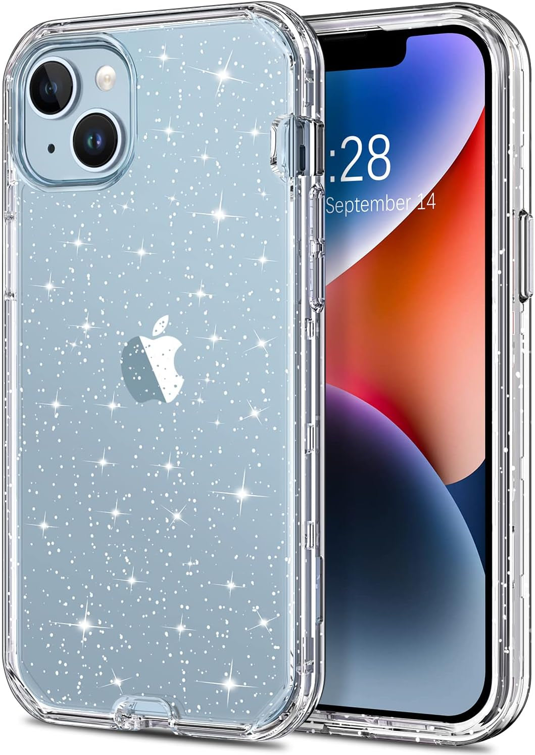 Hython for Iphone 14 plus Case, Heavy Duty Full-Body Defender Protective Phone Cases Glitter Bling Sparkle Hard Shell Hybrid Shockproof/Drop Proof 3-Layer Military Rubber Bumper Cover for Women Girls  Hython Clear Glitter  