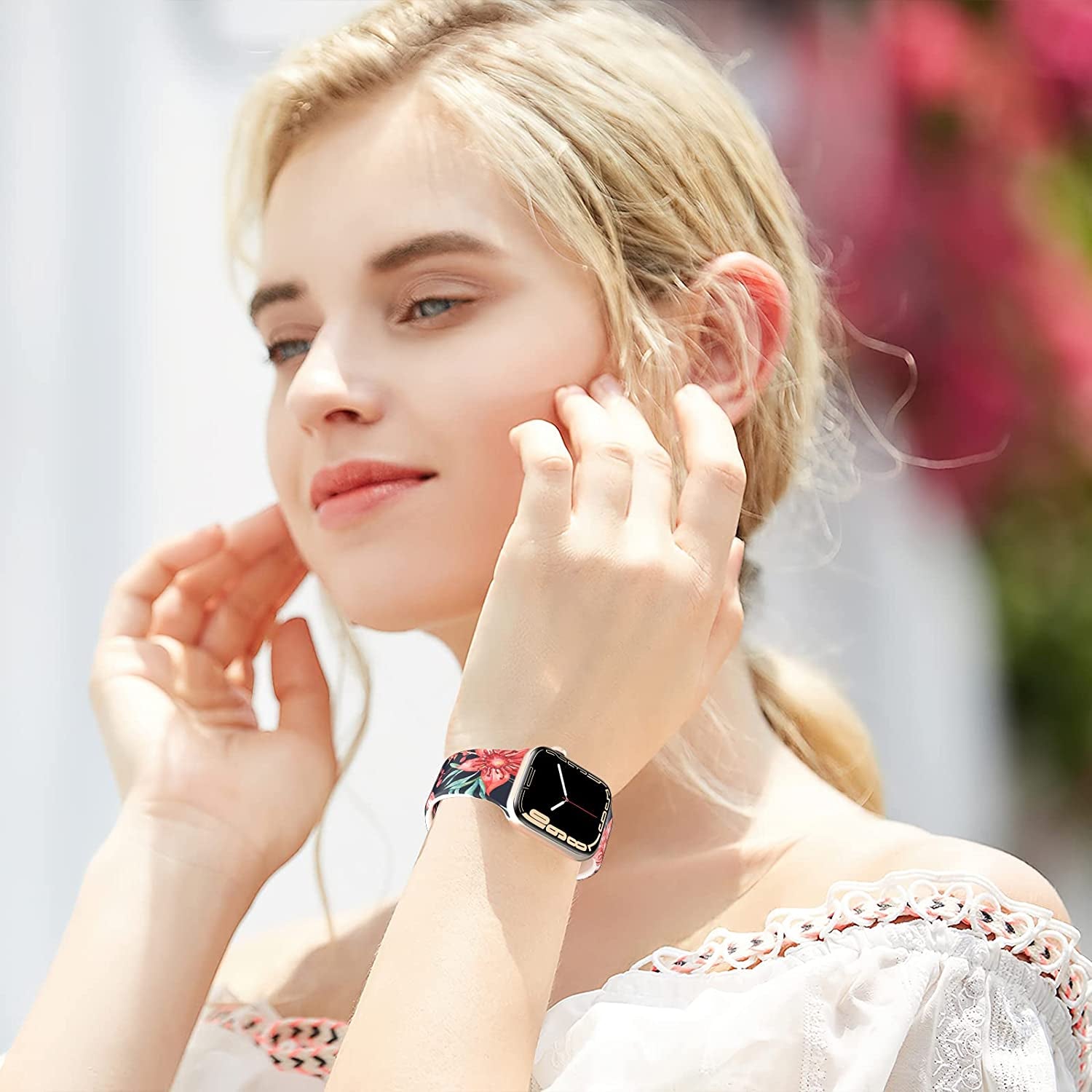 Floral Apple Watch Bands 38Mm 40Mm 41Mm 42Mm 44Mm 45Mm for Women Men, Soft Silicone Sport Replacement Watch Band Flower Design Breathable Slim Strap Wristband for Iwatch Series SE 7 6 5 4 3 2 1 Band  HONEYBABY   